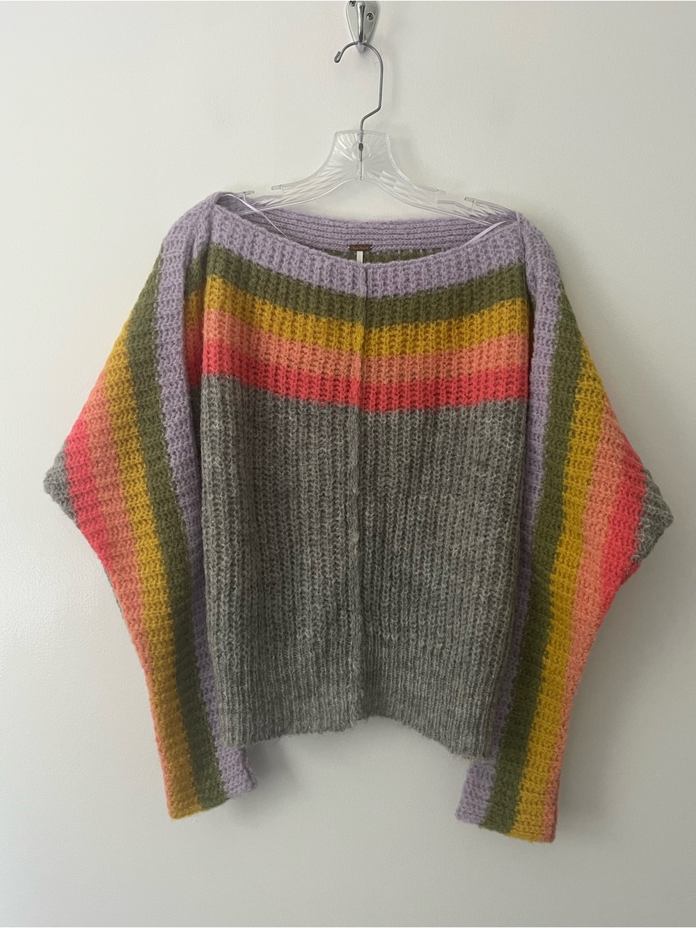 Free People Grey Sweater with Pastel Rainbow Yoke